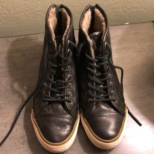 Fur-lined Frye lace up leather high tops!